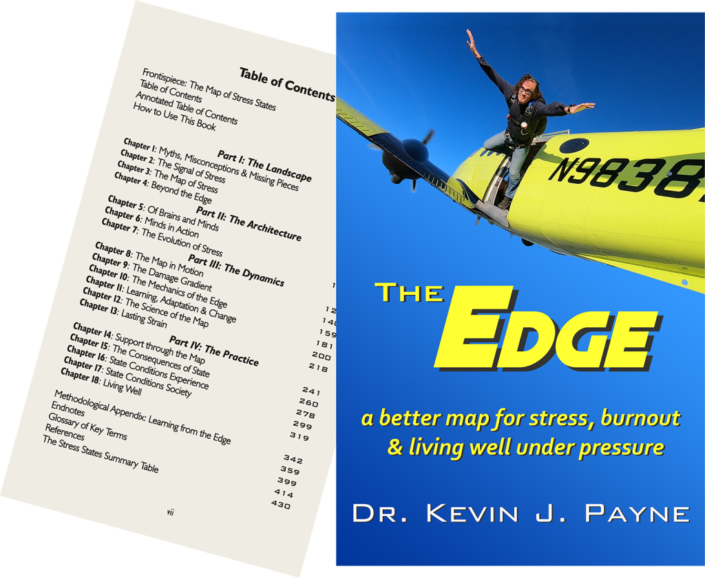 The cover of The Edge — a skydiver (Dr. Payne) exiting a yellow aircraft against a blue sky — overlapping its table of contents page, which lists eighteen chapters in four parts followed by a methodological appendix, endnotes, glossary, references, and a stress states summary table.